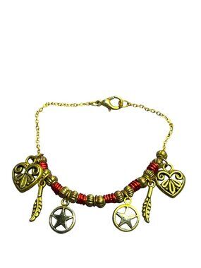 Vtg Charm Bracelet Hearts Feathers Stars Red Beads 6.5 inches Long Wear on Clasp